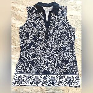Charter Club Golf Sleeveless Polo Top Small Black White Floral Stretch
